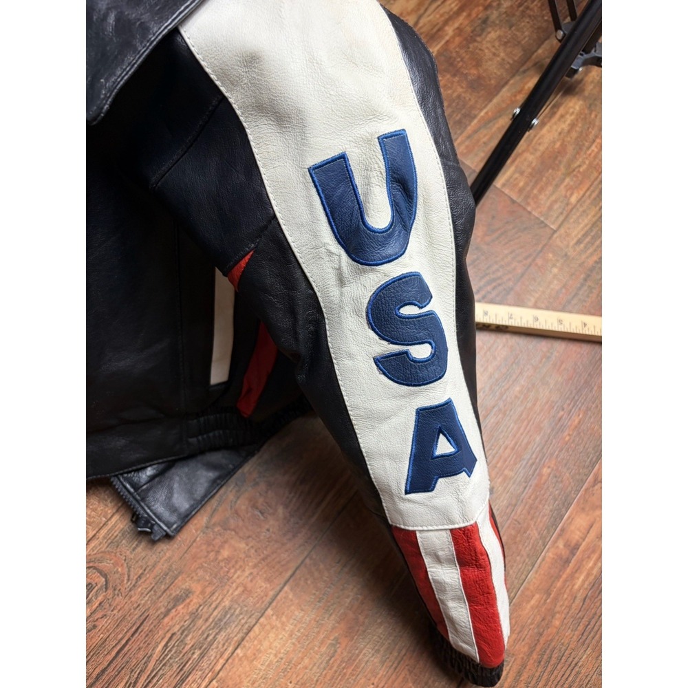 Vintage Wilda Boys  Leather Bomber Jacket USA Flag Black Small Fits 4/5 Boys - Picture 5 of 6